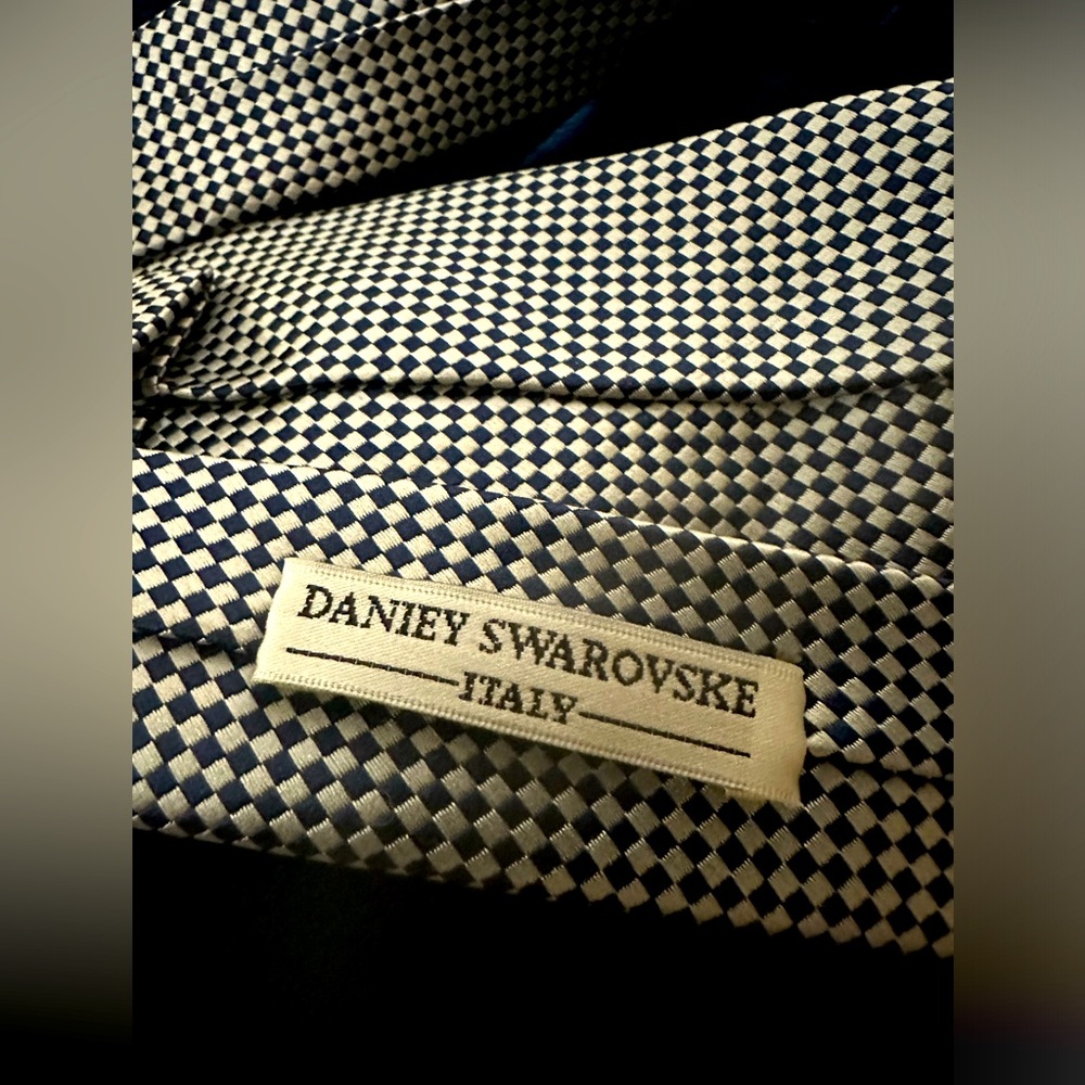 Daniey Swarovske Deco Blue Gray Small Diamond Check Geometric Silk Tie Men's